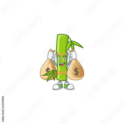 A picture of rich bamboo stick cartoon character with two money bags