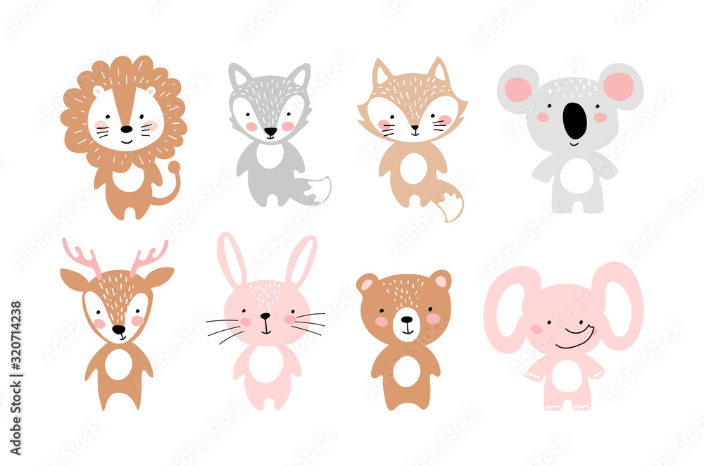 Set of simple cute animals for invitation, party, nursery, baby shower. Bear, fox, wolf, koala, lion, elephant, bunny, deer. Flat cartoon vector illustration.