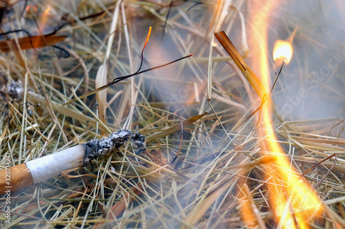 Hay ignites from throw cigarette butt and burns in flame and smoke. Concept of fire safety violation rule or careless handling with fire. Close-up.
