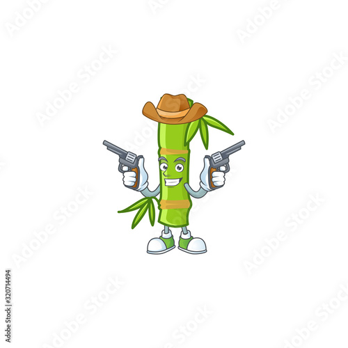 Confident bamboo stick Cowboy cartoon character holding guns