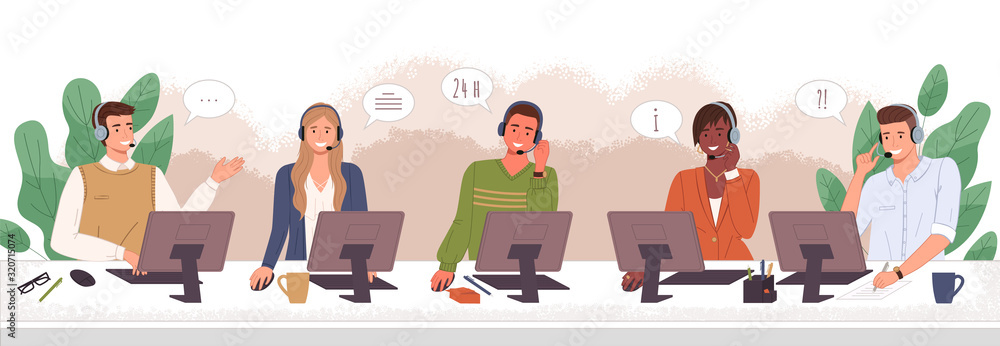Hotline workers wearing headsets, customers services and communication ...
