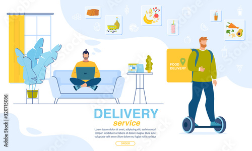 Fresh Dinner Order. Online Service for Home Delivery. Man Choosing Menu for Snack via Internet on Laptop. Deliveryman on Hoverboard Carrying Food Box. Landing Page Trendy Design. Vector Illustration