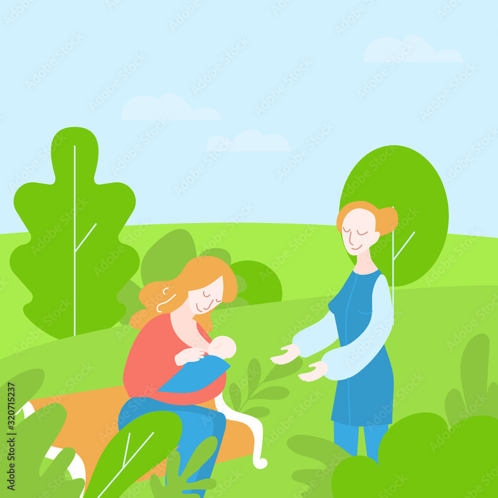 Lactation consultant. Support Breastfeeding in public place. Help for nursing moms. Cartoon Woman with newborn. Feeding with breast milk Lactation consultant. Support Breastfeeding in public place. Help for nursing moms. Cartoon Woman with newborn. Feeding with breast milk
