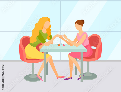 Manicurist polishing nails and cutting cuticle of client vector. Customer getting manicure, spa salon service and treatment, clean and nice fingers