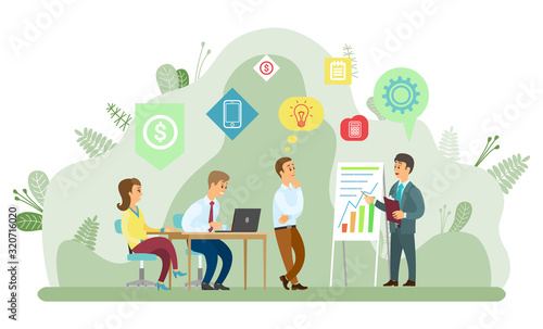 Boss showing infochart on whiteboard vector, people gathered on conference. Meeting of employees, workers brainstorming finding solution of problem