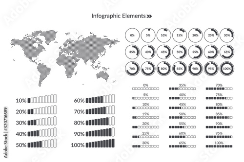 World map icon. Percentage vector infographic symbol set. 0 to 100 percent gradient pie chart signs, circle and square diagrams for business, download