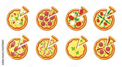 pizza top view. toppings sausage cheese vegetables for pizza traditional italian cousine fast food delicious vector set