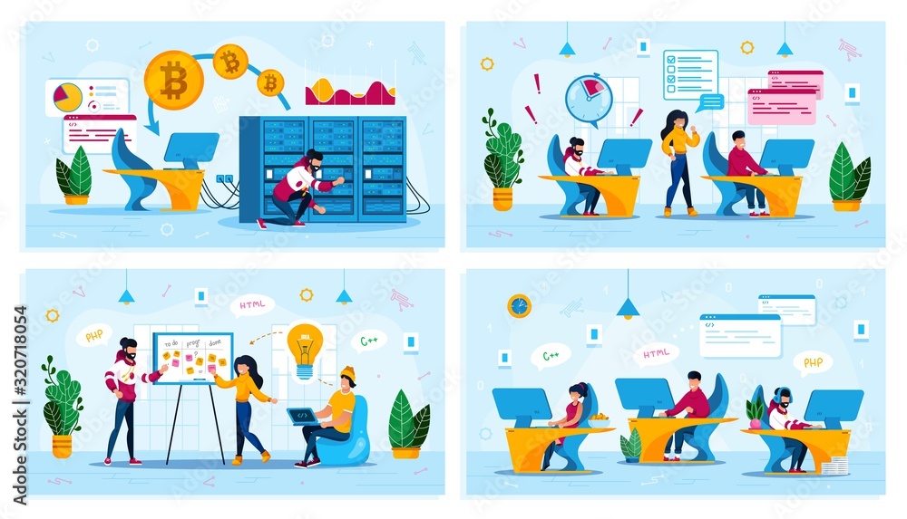 Time Management, Project Planning Meeting, Bitcoin Trading, Startup Team Trendy Flat Vector Concepts Set. Employees Meeting, Programmers in Office, Developers Fails Deadline, Mining Farm Illustration