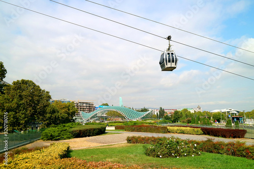 Aerial Cable Car to Narikara Fortress with the Bridge of Peace in Background Seen from Rike Park, Tbilisi, Georgia