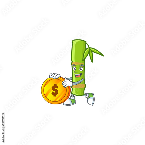 Rich bamboo stick mascot cartoon design style with gold coin