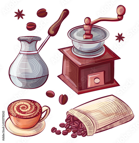 Sack with coffee beans and cinnamon spices vector. Hand grinder and turkish cezve pot for making aromatic beverage, cup with foam on plate served