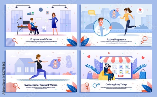 Work During Pregnancy, Pregnant Woman Active Life and Physical Activity, Shopping Trendy Flat Vector Banner, Poster Set. Woman Working in Office, Doing Exercises, Buying Goods Online Illustration
