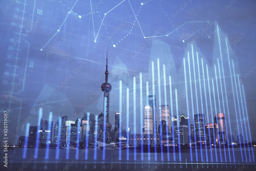 Forex chart on cityscape with tall buildings background multi exposure. Financial research concept. Forex chart on cityscape with tall buildings background multi exposure. Financial research concept.
