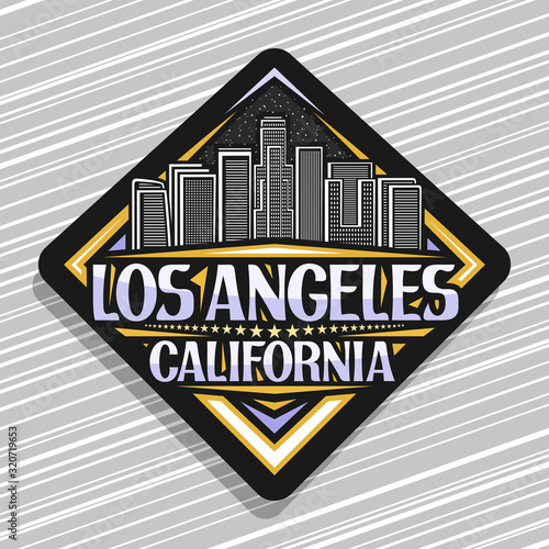 Vector logo for Los Angeles, dark rhombus sticker with line illustration of famous evening los angeles cityscape, tourist badge with brush letters for words los angeles california and stars in a row.
