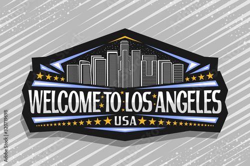 Vector logo for Los Angeles, dark decorative signage with line illustration of modern LA cityscape on dusk sky background, tourist fridge magnet with brush letters for words welcome to los angeles USA