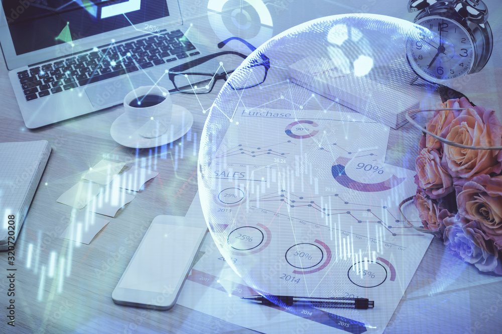 Financial market graph hologram and personal computer on background. Double exposure. Concept of forex. Financial market graph hologram and personal computer on background. Double exposure. Concept of forex.
