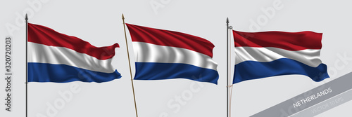 Set of Netherlands waving flag on isolated background vector illustration