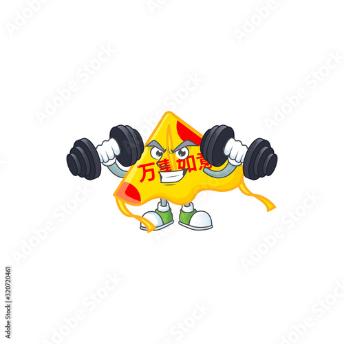 Fitness exercise chinese gold kite mascot icon with barbells