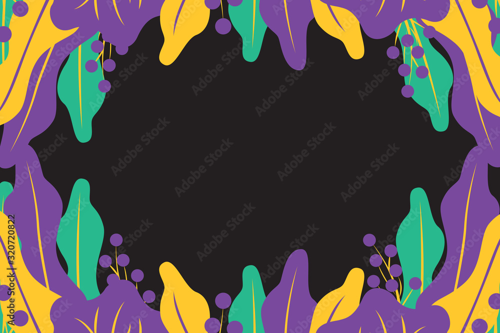 abstract background with leaves and berries for banner, website. Modern flat bright vector illustration on black background.