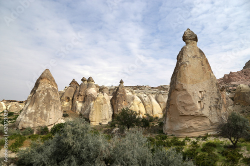 Unusual stones from volcanic rocks in the Red Valley near the village of Chavushin in the Cappadocia region in Turkey.