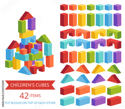 A set of children's cubes in different colors for making castles and towers. Children's educational game