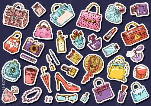 Set of Sticker accessories for girls. Bags and Perfumes, shoes and coffee. Women Collection. Hand drawn engraved vintage sketch, items in doodle style. Patch for notebooks or posters, flat lay, web.