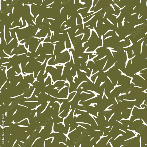 White seamless pattern with dashes and dots. Vector linear ornament. Grain on a green background. Seamless grain texture randomly drawn by hand.
