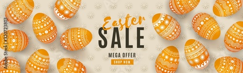 Happy Easter Sale banner. Beautiful horizontal template with painted orange 3D eggs and floral background. Minimalistic monochrome design for website, poster, ad, promotion