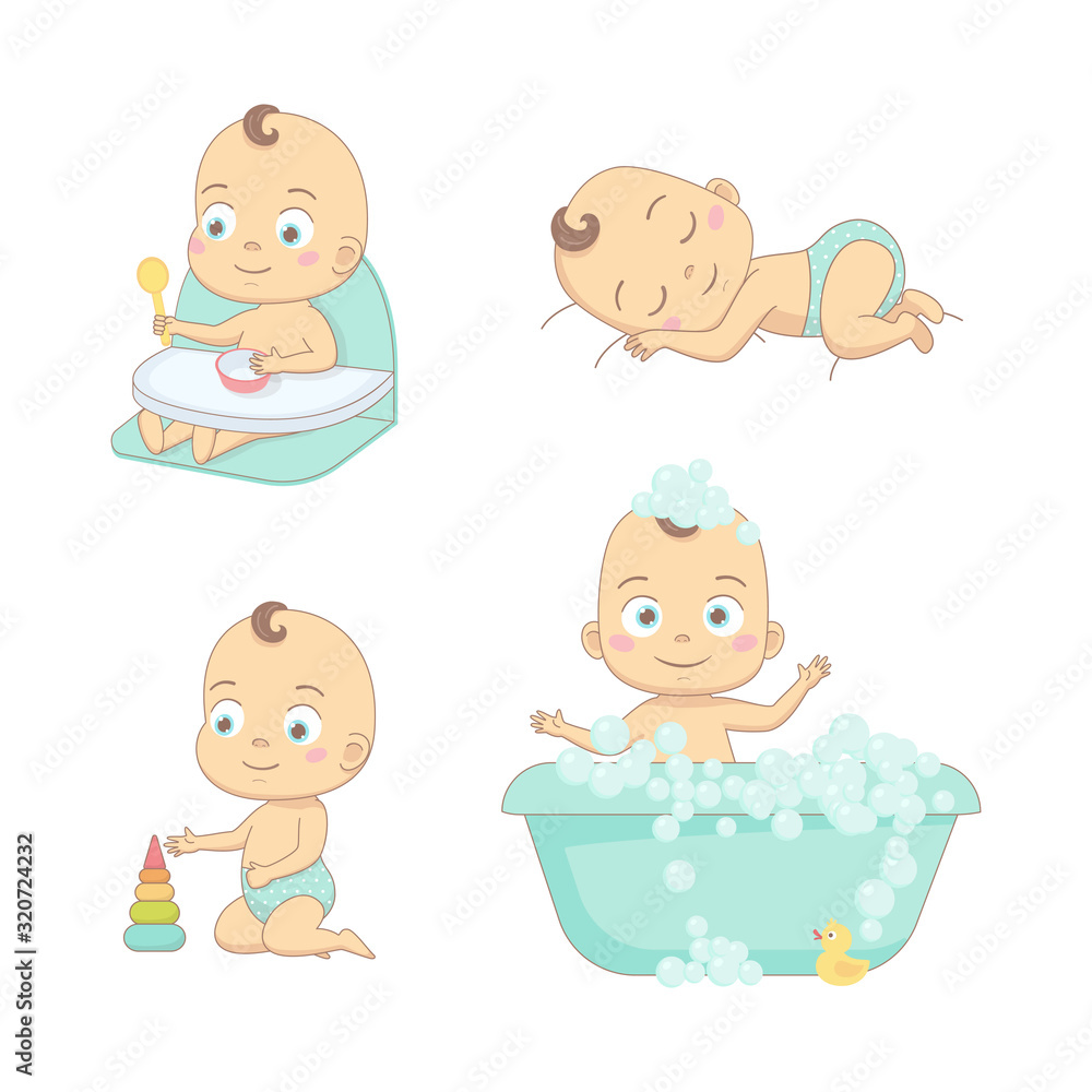 Adorable happy baby and his daily routine. Care about infant baby. Set of baby characters. Adorable happy baby and his daily routine. Care about infant baby. Set of baby characters.