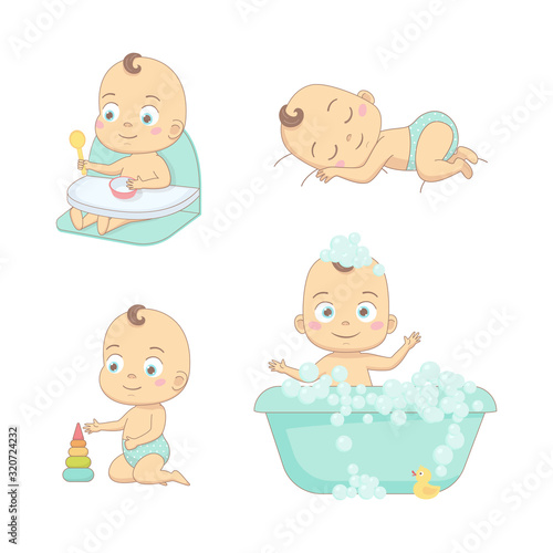 Adorable happy baby and his daily routine. Care about infant baby. Set of baby characters.