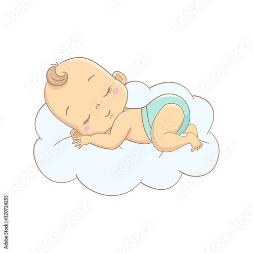 Vector illustration of cartoon baby sleeping on a cloud.