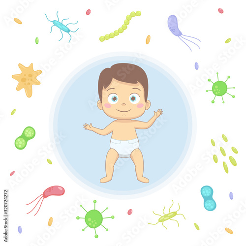 Baby boy immune system against germs and bacteria. Newborn and viruses threat. Protection of children from viruses, immune, immunity concept. Vector flat illustration