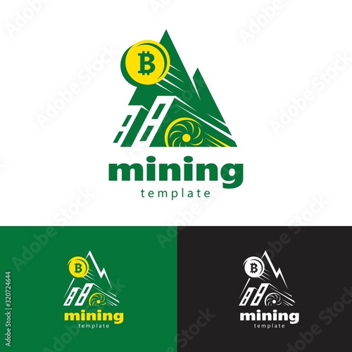Mining logo crypto graphic card, mountain pick and cryptocurrency bitcoin green color vector