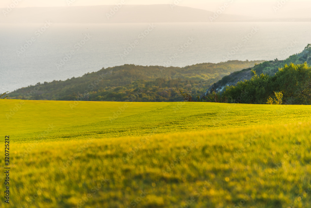 Beautiful landscape - green grass meadow and the sea in the background. Golf club meadow and the sea