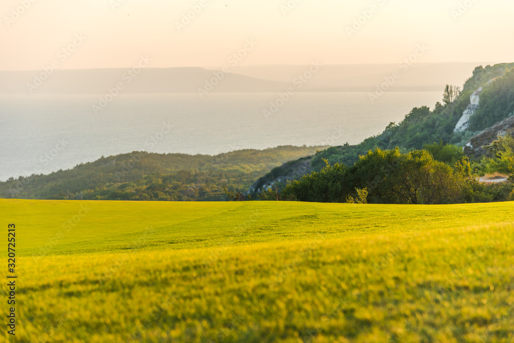 Beautiful landscape - green grass meadow and the sea in the background. Golf club meadow and the sea