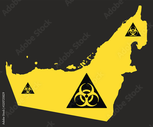 United Arab Emirates map with biohazard virus sign illustration in black and yellow