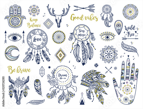 Ethnic boho set with hand, moon, dream catchers, hamsa, headdress, feathers, arrows, eye and other bohemian elements. Vector illustration. Perfect fpr logos, banners, posters, cards etc