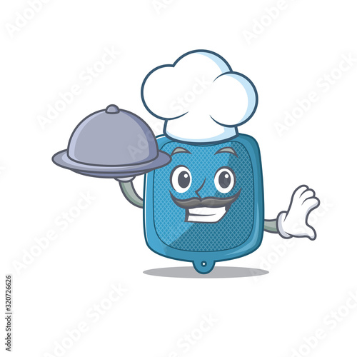 cartoon design of hot water bag as a Chef having food on tray