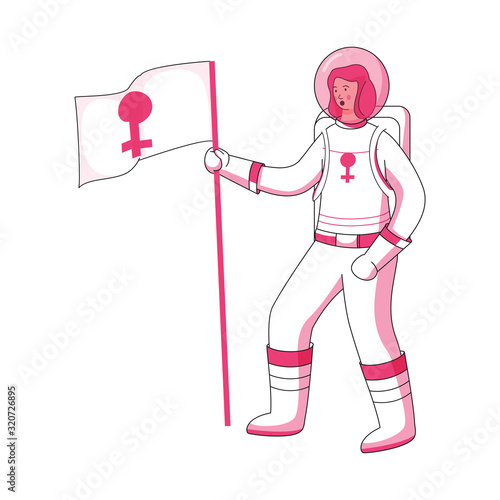 Astronaut Woman holding Flag with Venus Sign on White Background.