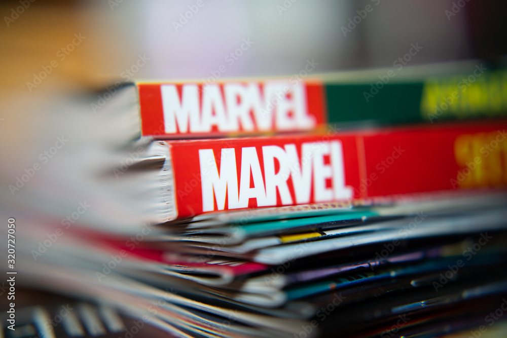 Naklejka premium Bangkok, Thailand - December 15, 2019: Marvel Comics logo on comic books.