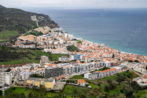 Beautiful aerial view of Sesimbra, Portugal - as seen from the castle on the hill