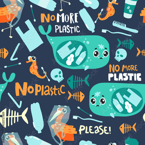 Seamless pattern with sad sea animals and plastic garbage in the ocean. No more plastic