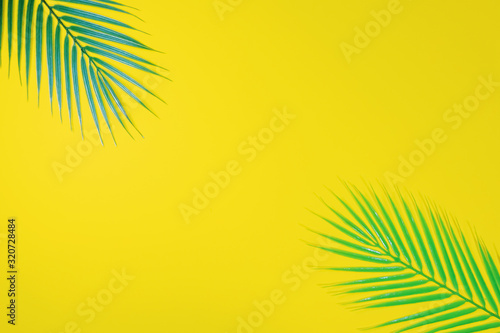 Green palm leaves plant flat lay on top left and bottom right isolated on yellow background. For summer, holiday, trip, vacation, travel, beach and journey theme.