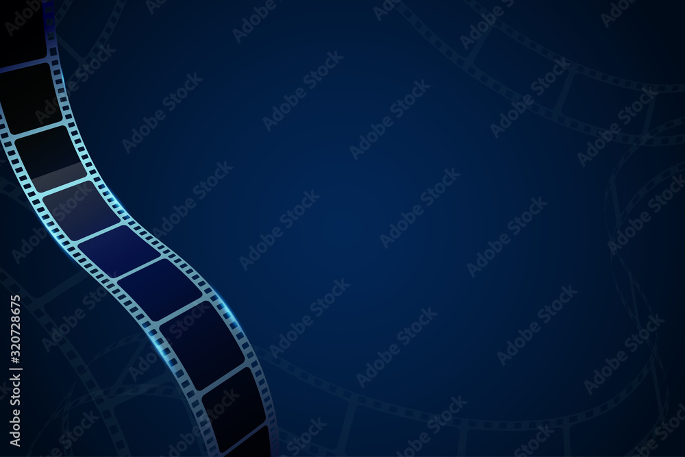 Modern cinema background with realistic 3D cinema film strip in perspective isolated on blue backdrop. Vector template cinema festival with place for text. Movie design for brochure, poster, banner.
