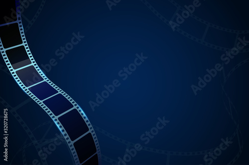 Modern cinema background with realistic 3D cinema film strip in perspective isolated on blue backdrop. Vector template cinema festival with place for text. Movie design for brochure, poster, banner.