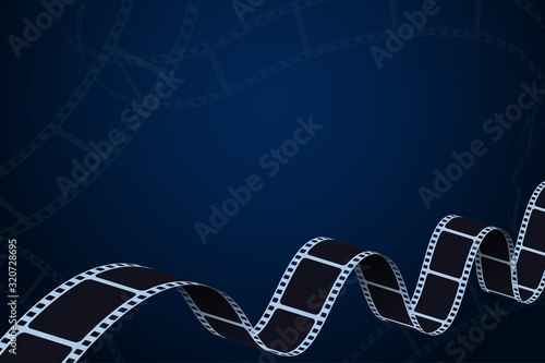Realistic 3D cinema film strip in perspective isolated on blue background. Festive design cinema film frame with place for text. Vector template movie for festival, ticket, advertising, banner, flyer.