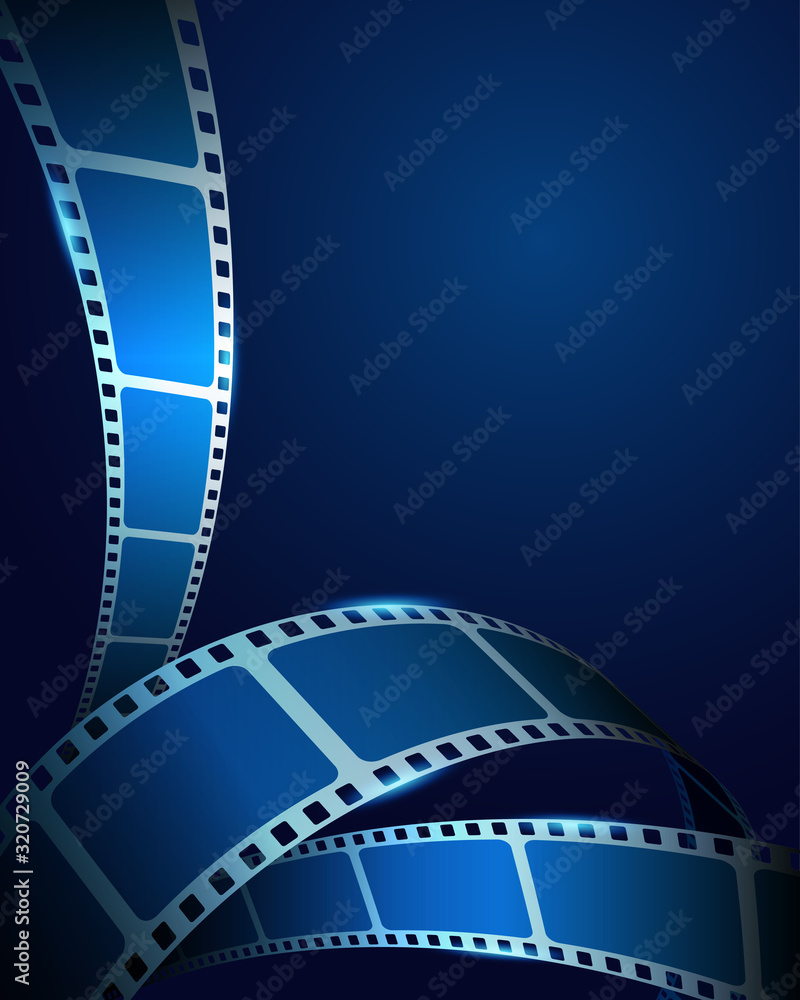 Realistic 3D film strip frame on blue cinema background. Festive design cinema film template with place for text. Vector template movie for advertisement, poster, brochure, banner, flyer, poster.
