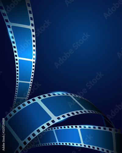 Realistic 3D film strip frame on blue cinema background. Festive design cinema film template with place for text. Vector template movie for advertisement, poster, brochure, banner, flyer, poster.