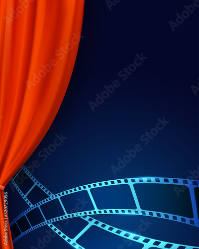 Theater red curtains with film strip on stage and film reel at the foreground. Cinema movie background. Open curtains as theater or movie presentation or cinema award announcement with space for text.