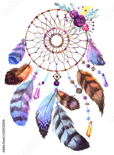 Hand drawn illustration of dreamcatcher.Ethnic illustration with Native American Indian watercolor dreamcatcher.Boho style.Template card.Perfect for greeting cards print diy projects blogs thanks card